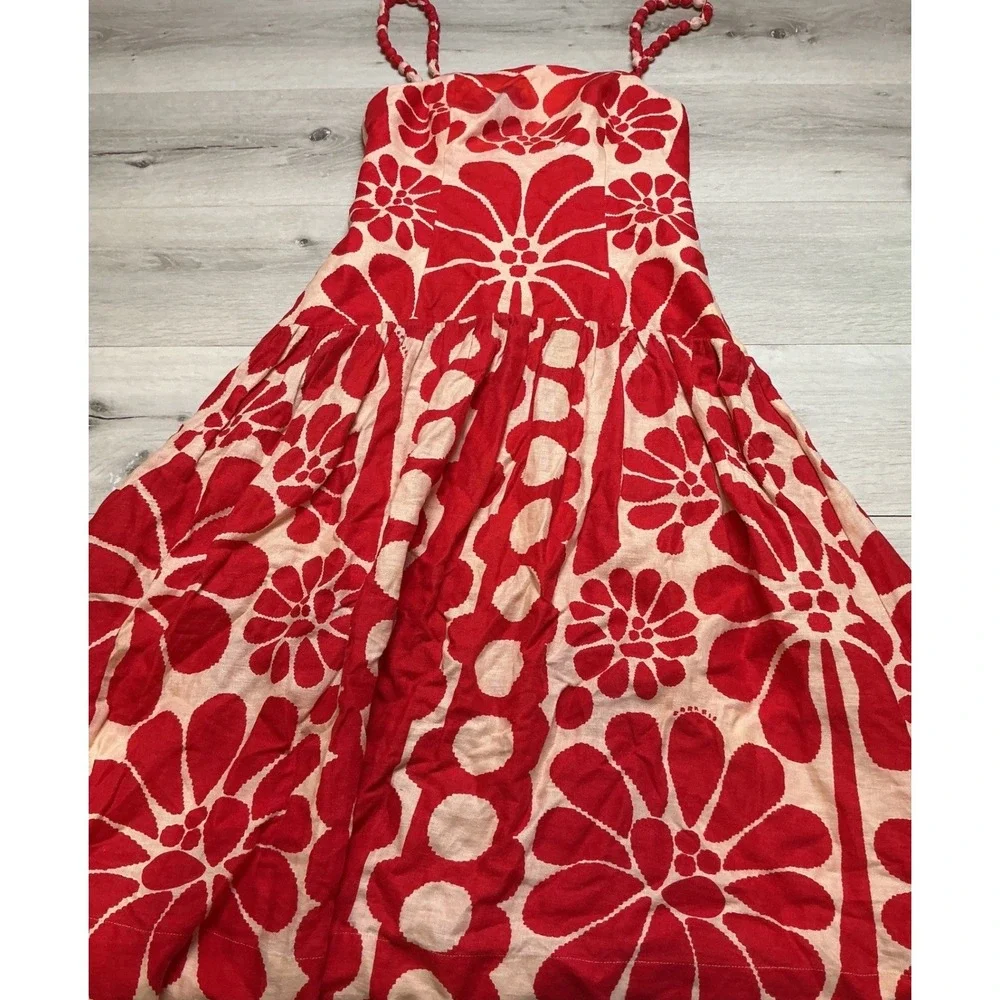Farm Rio Floral Linen Midi Dress Red Small New Without Tags - Picture 2 of 4